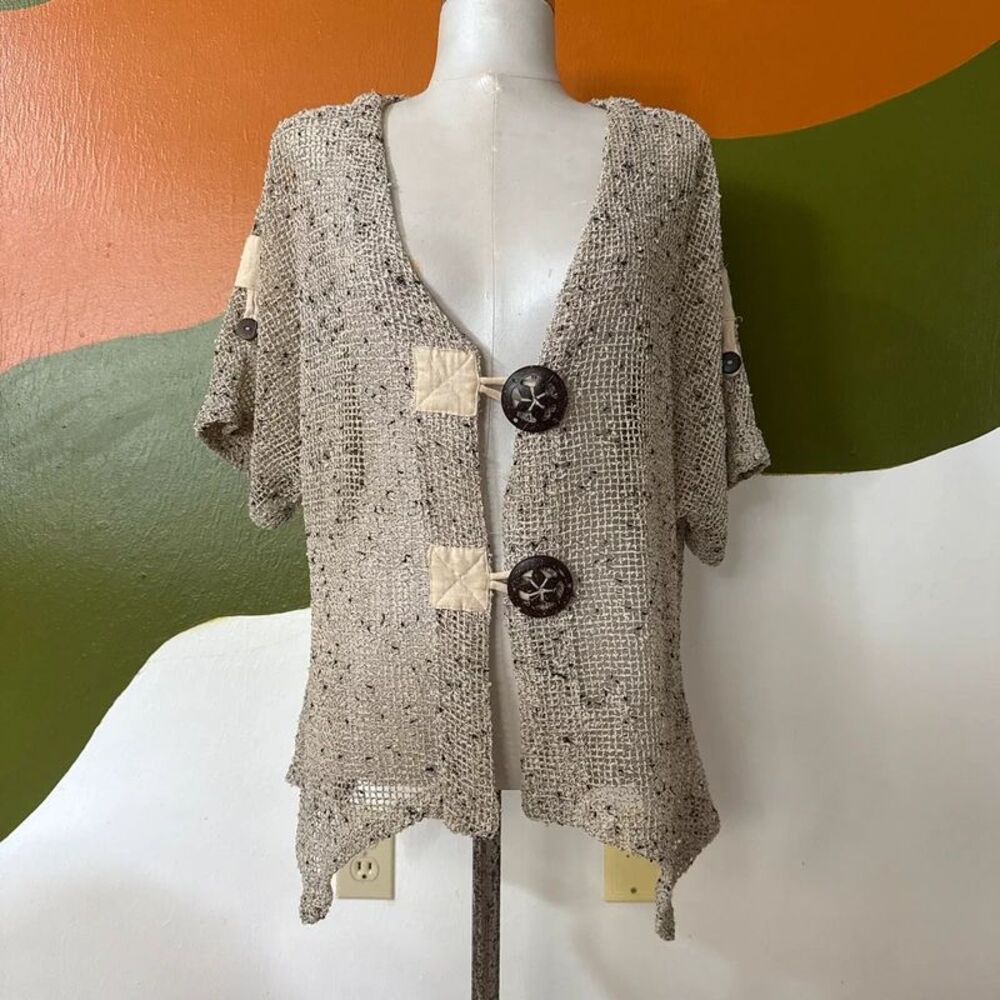 Vintage Kaktus Open Knit Boho Cardigan Lagenlook Asymmetric Hem Sweater Large L